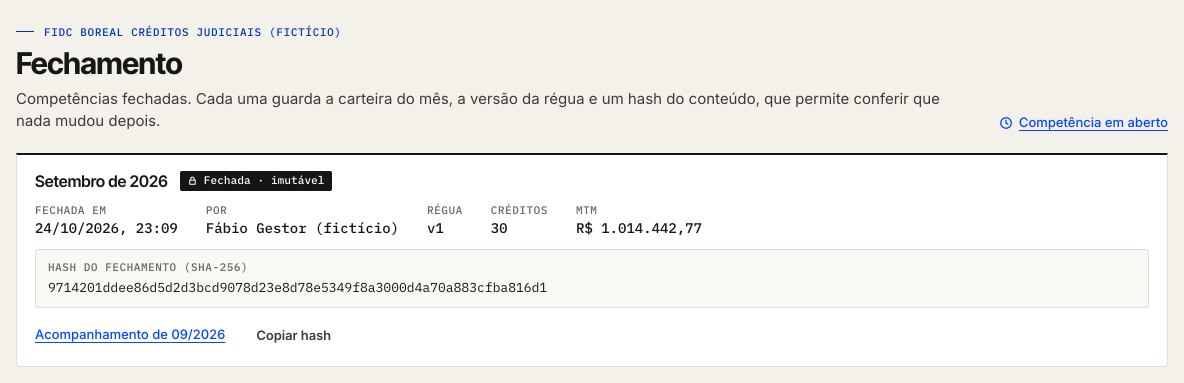 Tela Fechamento com a competência de setembro de 2026 fechada: data, quem fechou, versão da régua, créditos, MTM e o hash SHA-256.